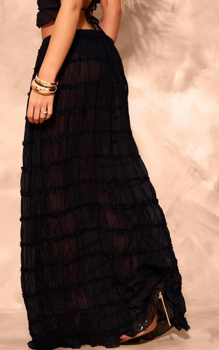 New PrettyLittleThing Chiffon Ruched Netting Detail Maxi Skirt Black