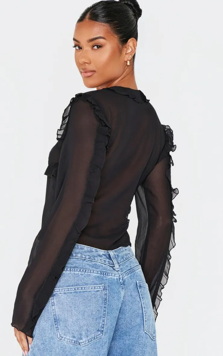 PrettyLittleThing Blouses*Chiffon Ruffle Fitted Tie Front Blouse