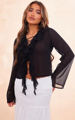 PrettyLittleThing Shirts*Chiffon Ruffle Lace Up Front Shirt