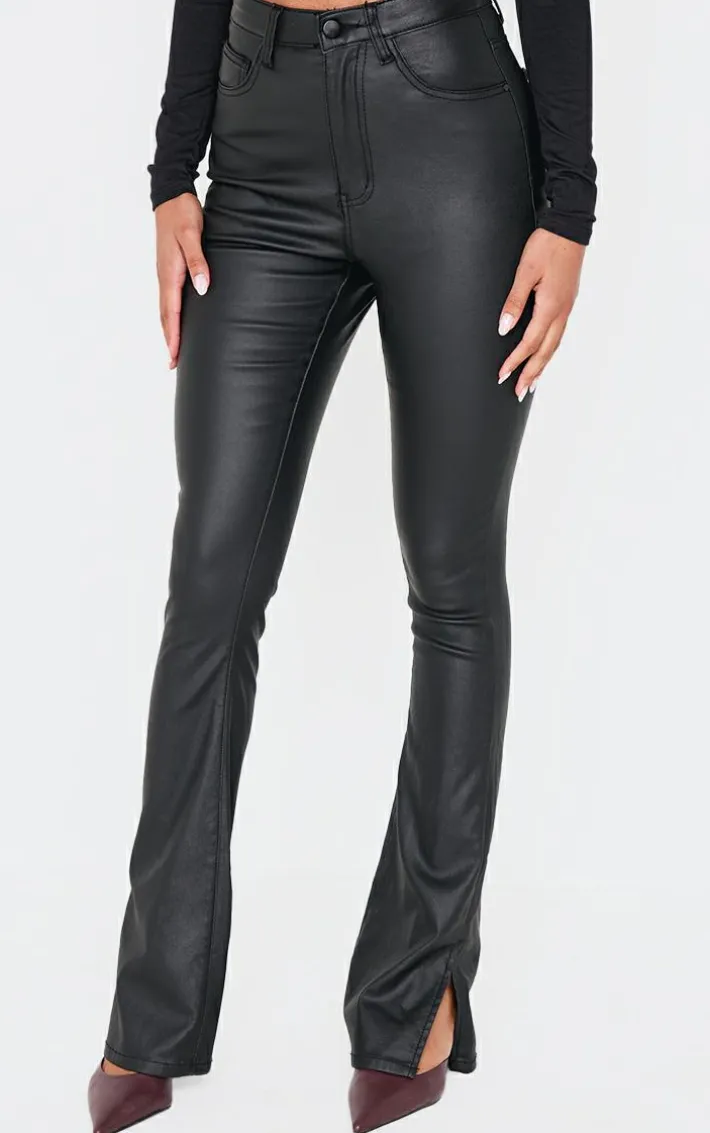 Black Coated Denim Split Hem Flares