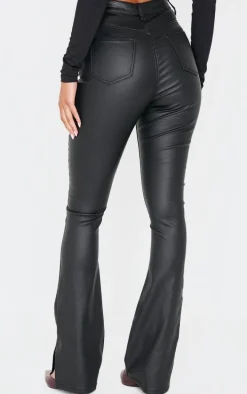 Black Coated Denim Split Hem Flares