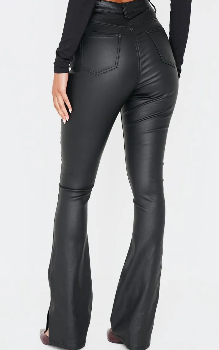 Black Coated Denim Split Hem Flares