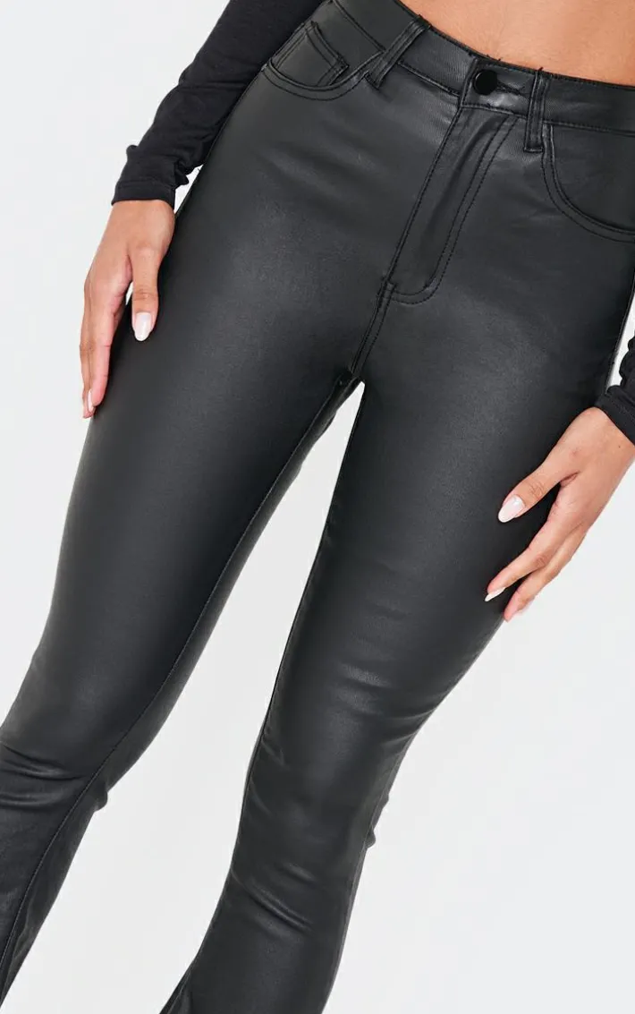 Black Coated Denim Split Hem Flares