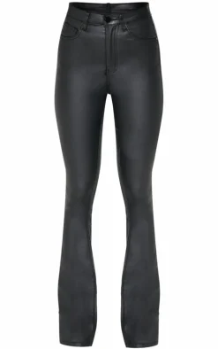 Black Coated Denim Split Hem Flares