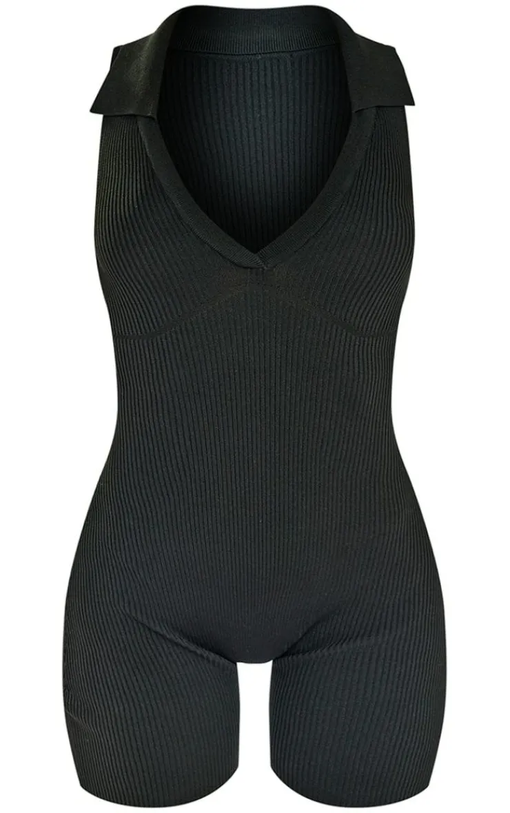 PrettyLittleThing Unitards*Collared Rib Knit Romper