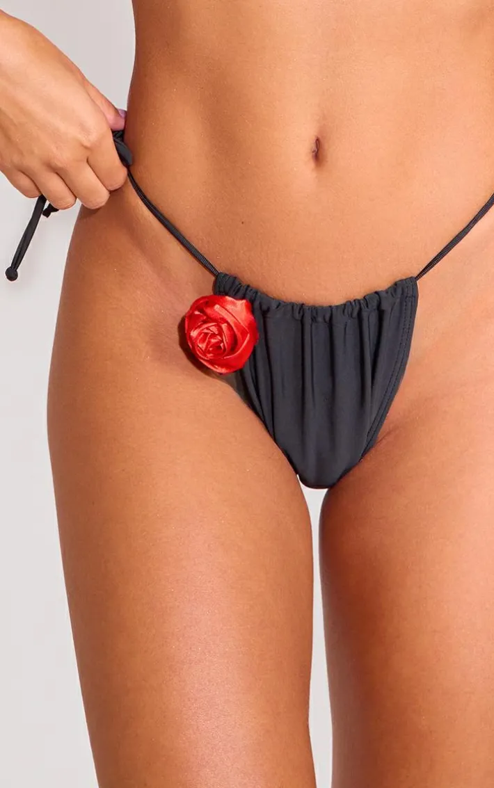 Black Contrast Flower Trim Tie Side Bikini Bottoms