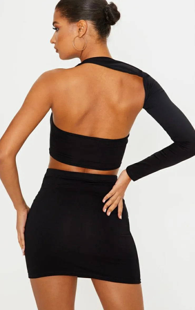 Outlet PrettyLittleThing Cotton One Shoulder Asymmetric Crop Top Black