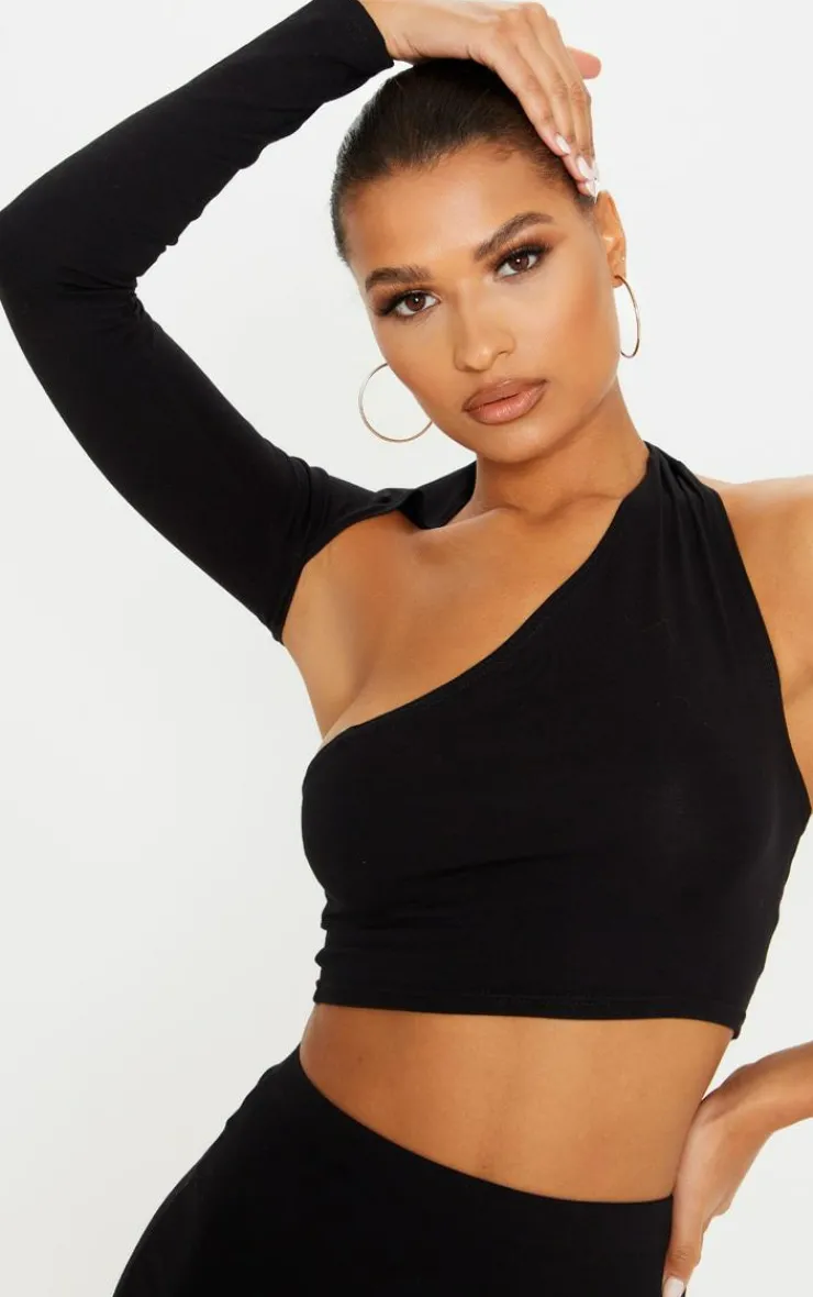 Outlet PrettyLittleThing Cotton One Shoulder Asymmetric Crop Top Black