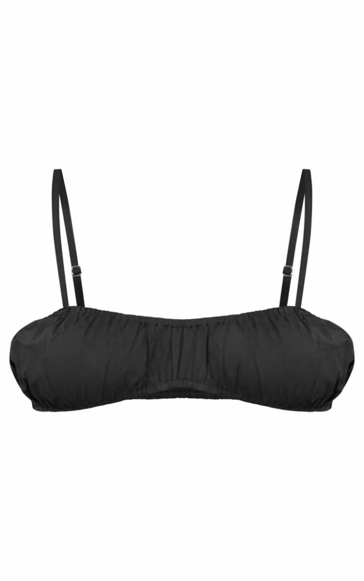 New PrettyLittleThing Cotton Poplin Strappy Ruched Bralette Black