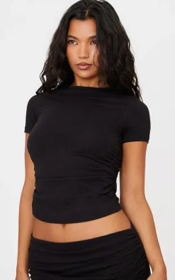 Outlet PrettyLittleThing Cotton Side Cap Sleeve Ruched Top Black