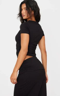 Outlet PrettyLittleThing Cotton Side Cap Sleeve Ruched Top Black