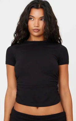 Outlet PrettyLittleThing Cotton Side Cap Sleeve Ruched Top Black