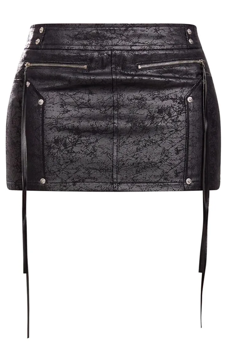Crack Coated Zip Detail Denim Mini Skirt-PrettyLittleThing Online