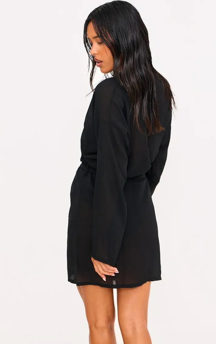Black Crinkle Textured Short Beach Kimono