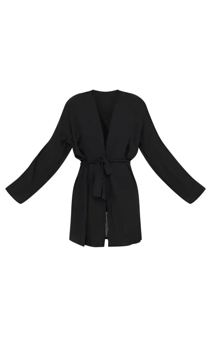 Black Crinkle Textured Short Beach Kimono