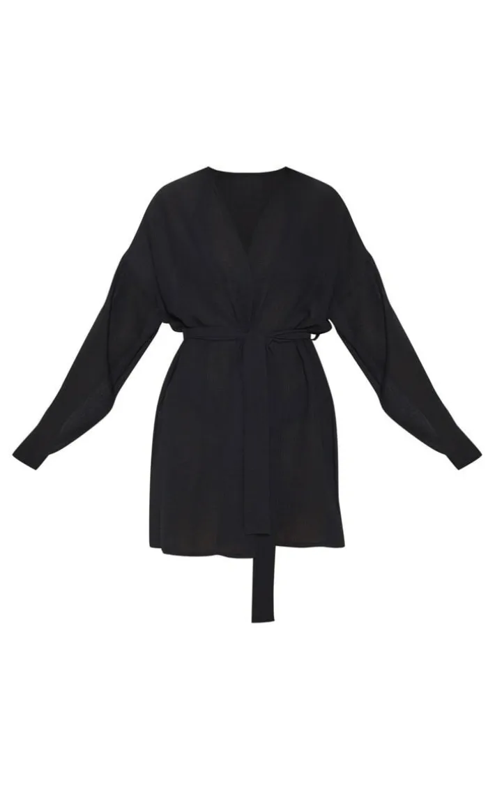 Black Crinkle Textured Short Beach Kimono