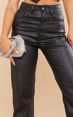 Black Croc Print Coated Denim Straight Leg Jeans