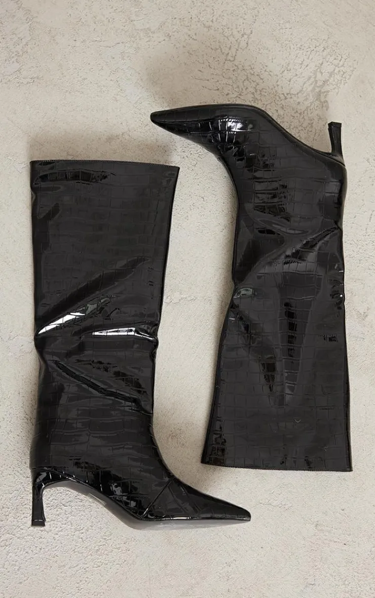 PrettyLittleThing Low Heels*Croc PU Point Toe Low Heeled Knee Boots