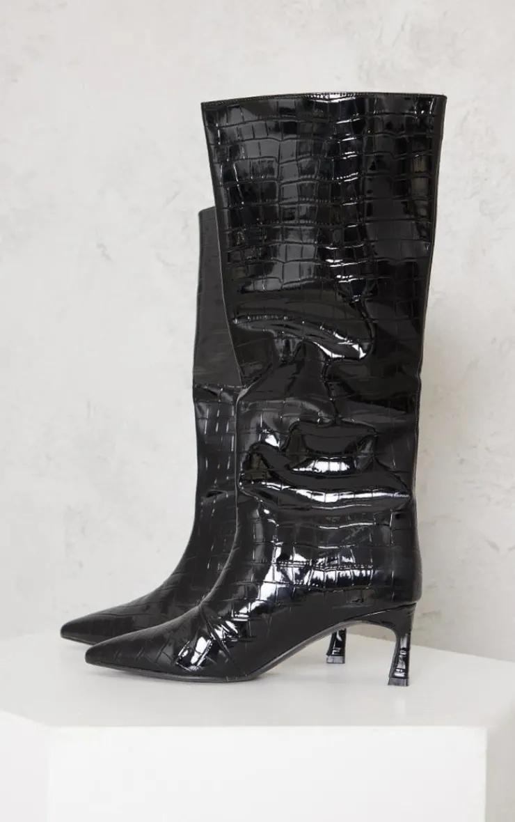 PrettyLittleThing Low Heels*Croc PU Point Toe Low Heeled Knee Boots