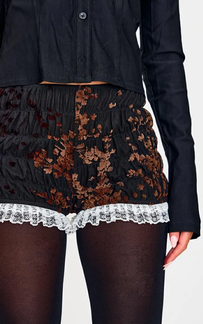 Black Devore Ruched Frill Hem Bloomers