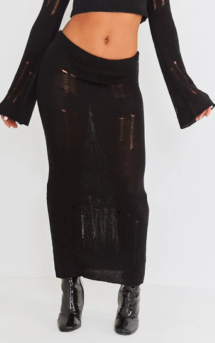 Hot PrettyLittleThing Distressed Ladder Knit Maxi Skirt Black