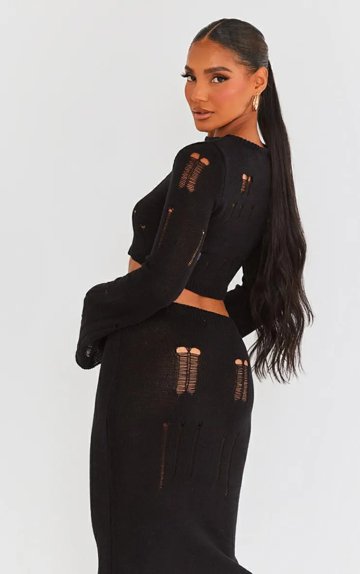 New PrettyLittleThing Distressed Ladder Knit Long Sleeve Top Black