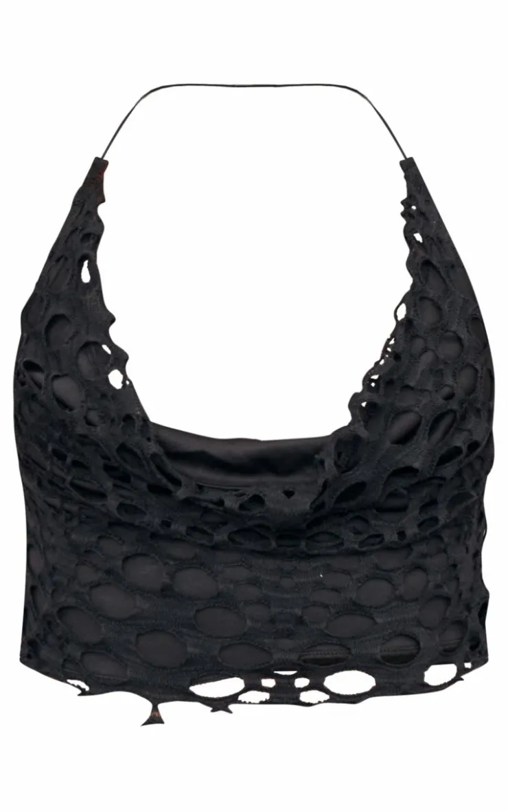 New PrettyLittleThing Distressed Overlay Cowl Neck Top Black