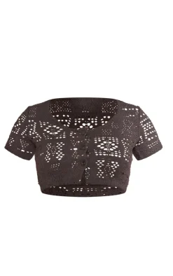 Online PrettyLittleThing Distressed Textured Rib Short Sleeve Cropped Cardigan Black