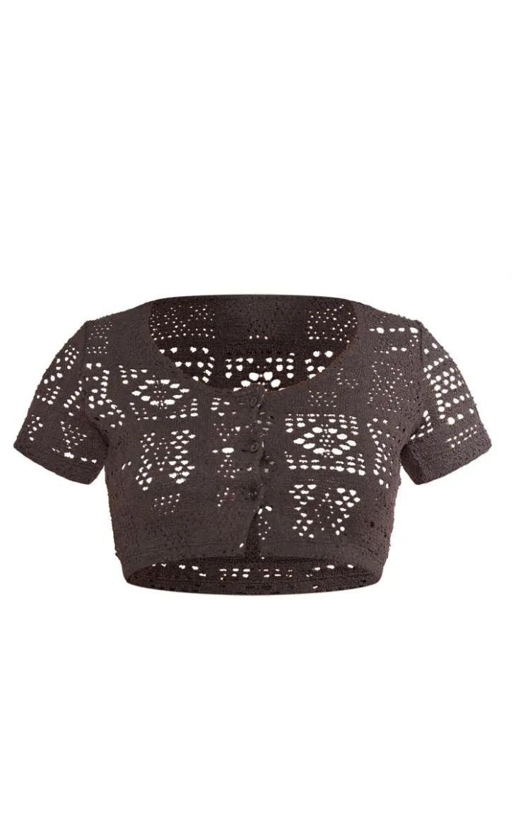Online PrettyLittleThing Distressed Textured Rib Short Sleeve Cropped Cardigan Black