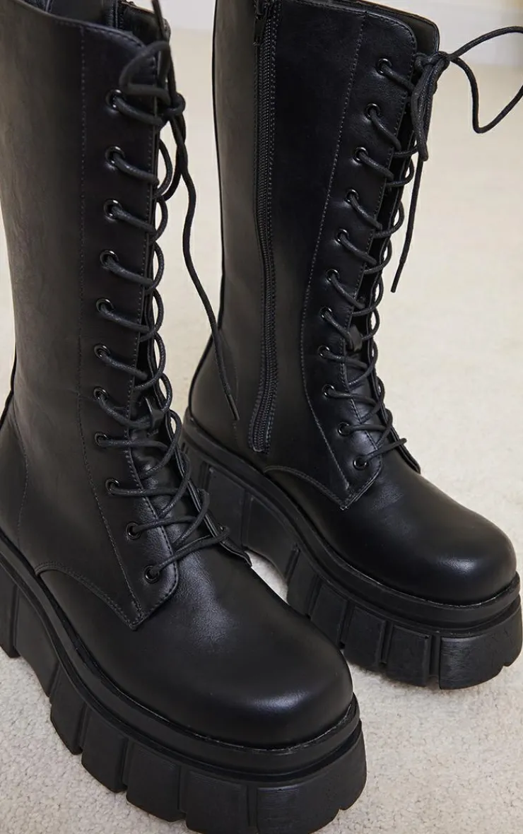 PrettyLittleThing Black Boots*Extreme Flatform Sole Calf High Biker Boots