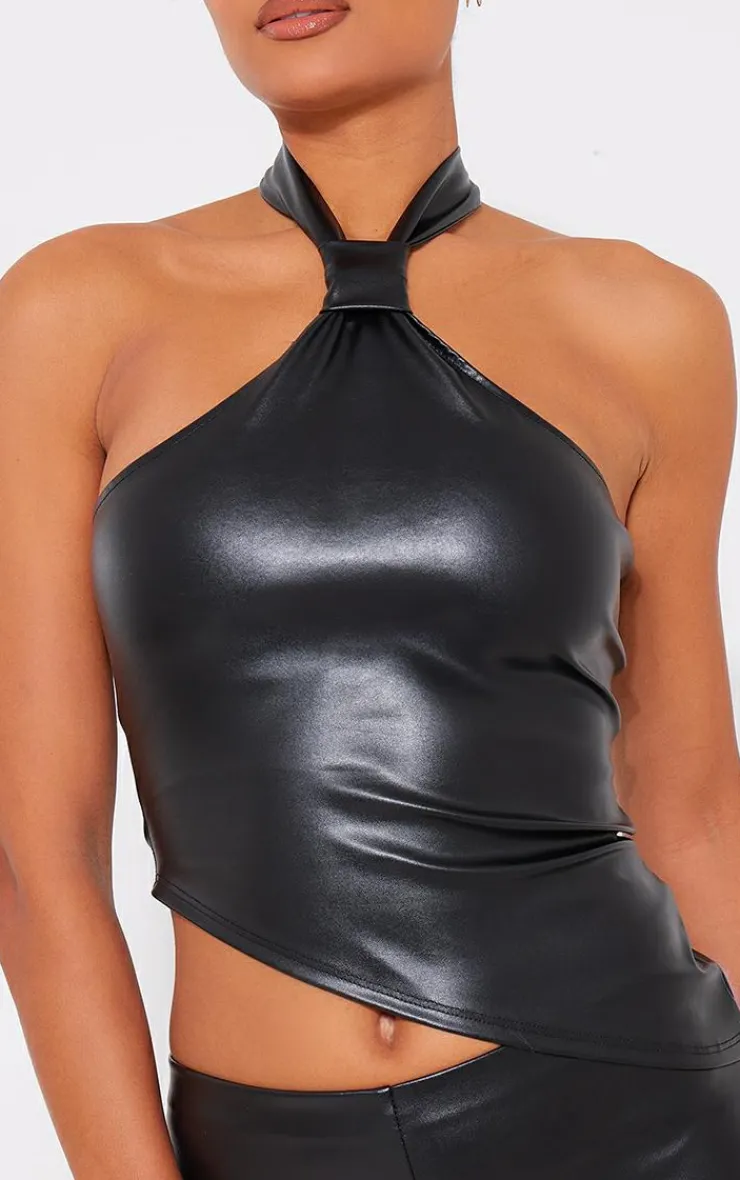 Sale PrettyLittleThing Faux Leather Asymmetric Hem Halterneck Top Black