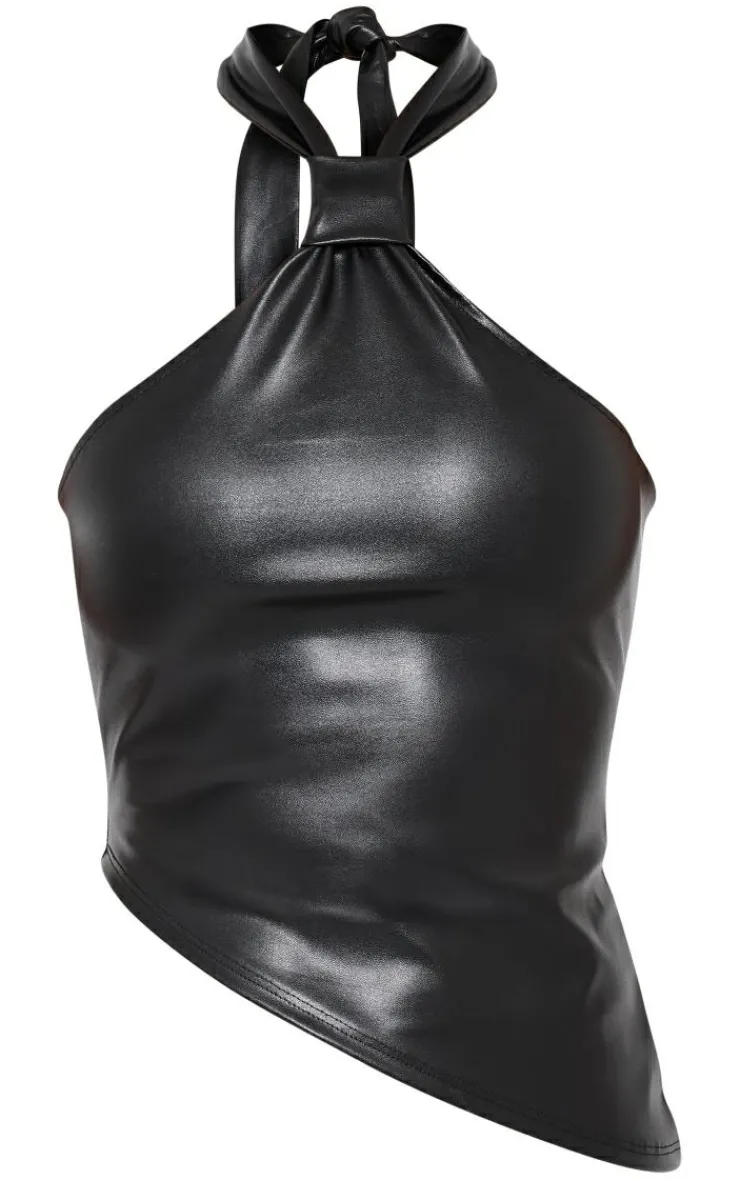 Sale PrettyLittleThing Faux Leather Asymmetric Hem Halterneck Top Black