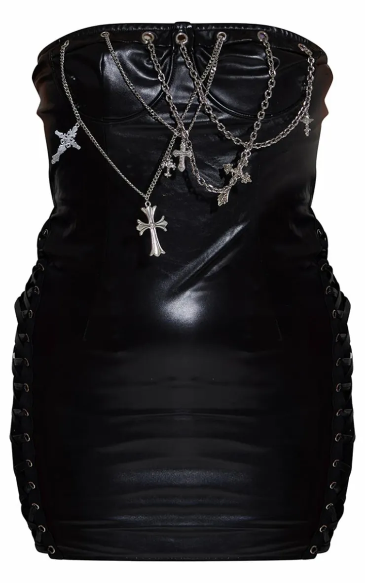 Faux Leather Bandeau Cross Chain Detail Bodycon Dress-PrettyLittleThing New