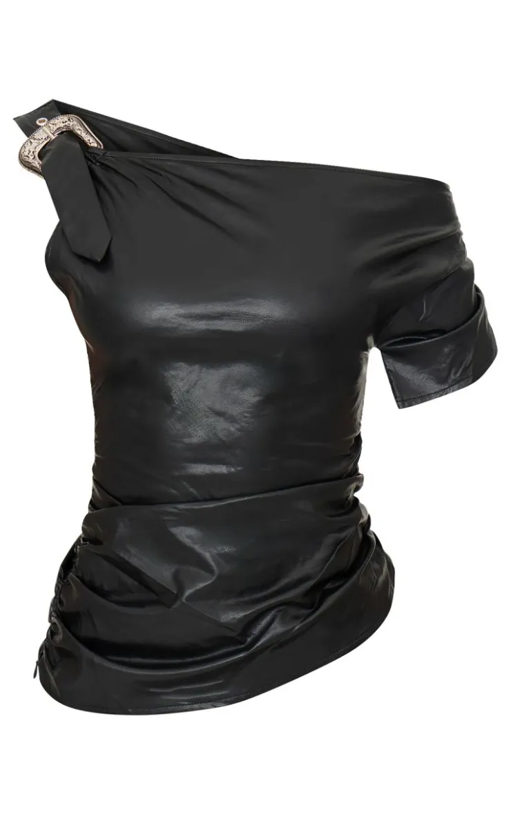 Hot PrettyLittleThing Faux Leather Buckle Detail Top Black