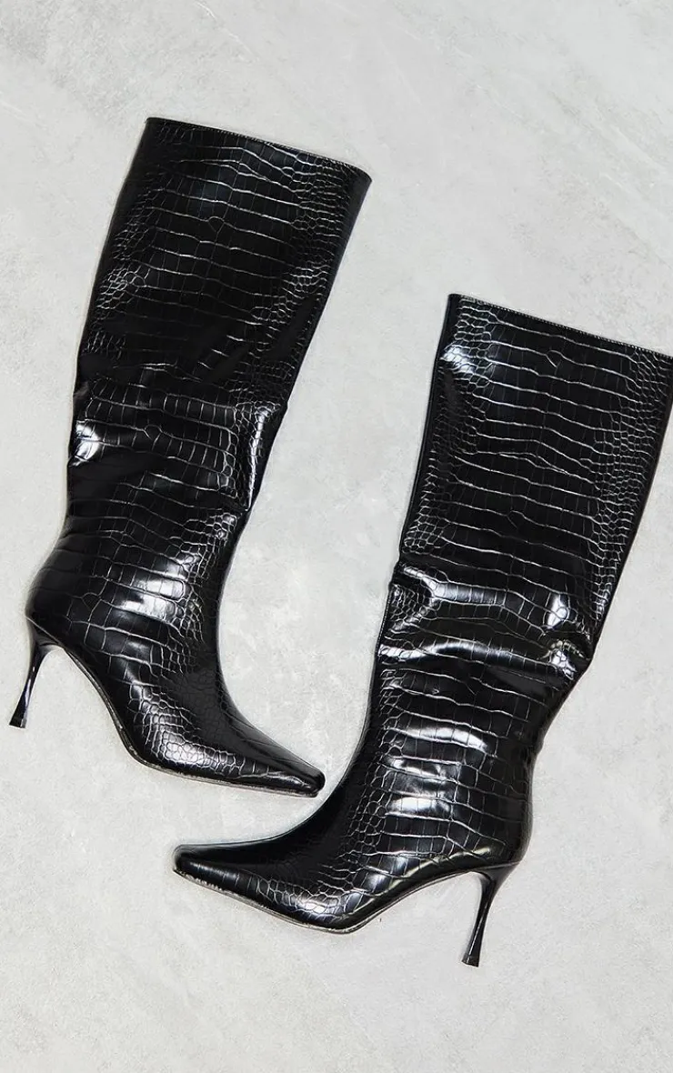 PrettyLittleThing Low Heels*Faux Leather Croc Square Toe Low Heeled Knee Boots