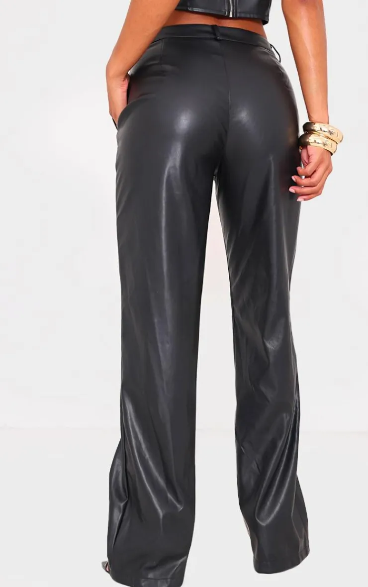 Online PrettyLittleThing Faux Leather Dip Waist Flared Pants Black
