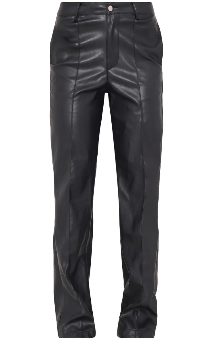 Online PrettyLittleThing Faux Leather Dip Waist Flared Pants Black