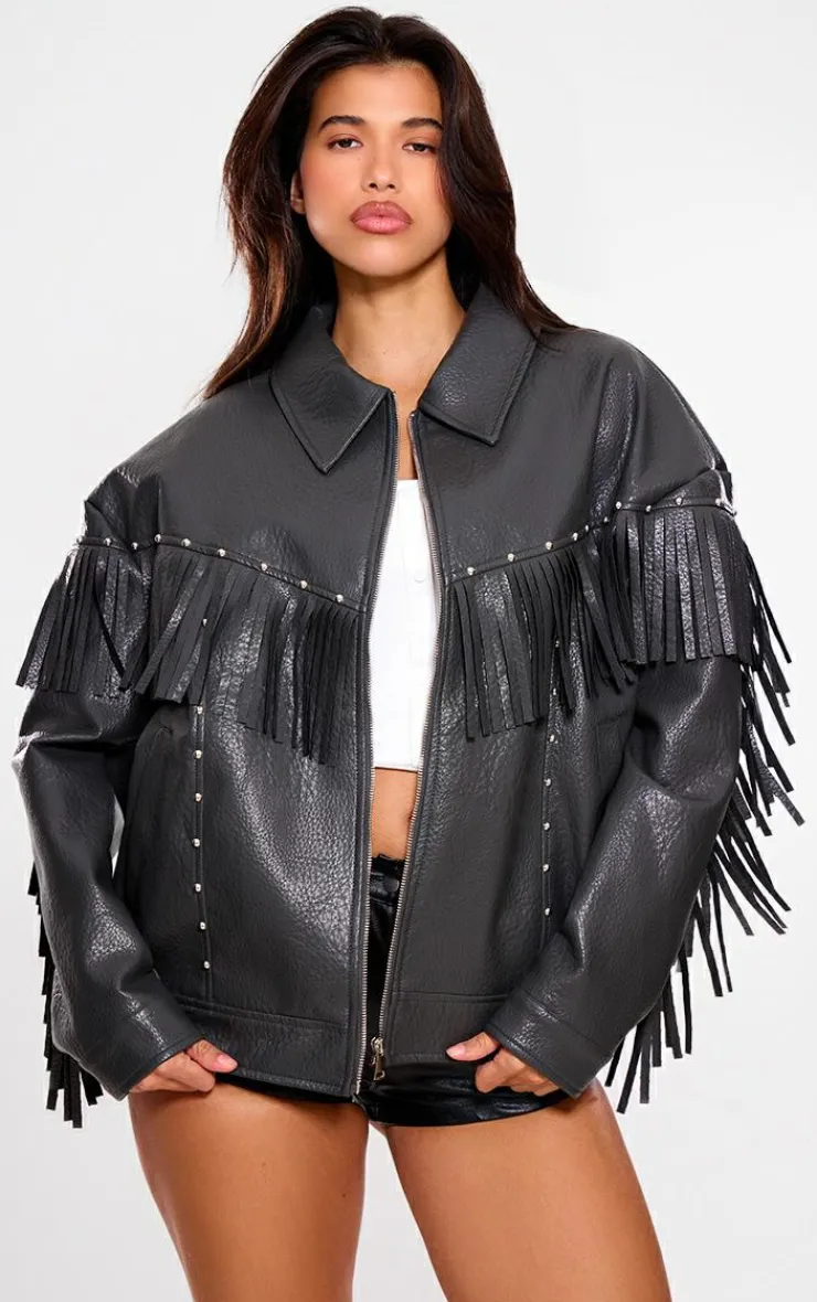 PrettyLittleThing Faux Leather Jackets*Faux Leather Fringe Detail Studded Oversized Jacket