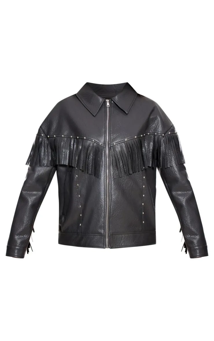 PrettyLittleThing Faux Leather Jackets*Faux Leather Fringe Detail Studded Oversized Jacket