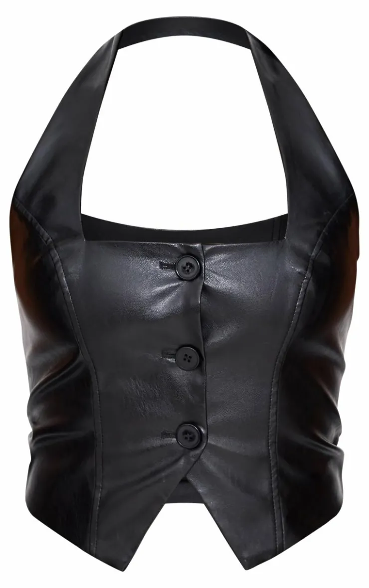 New PrettyLittleThing Faux Leather Halterneck Vest Black