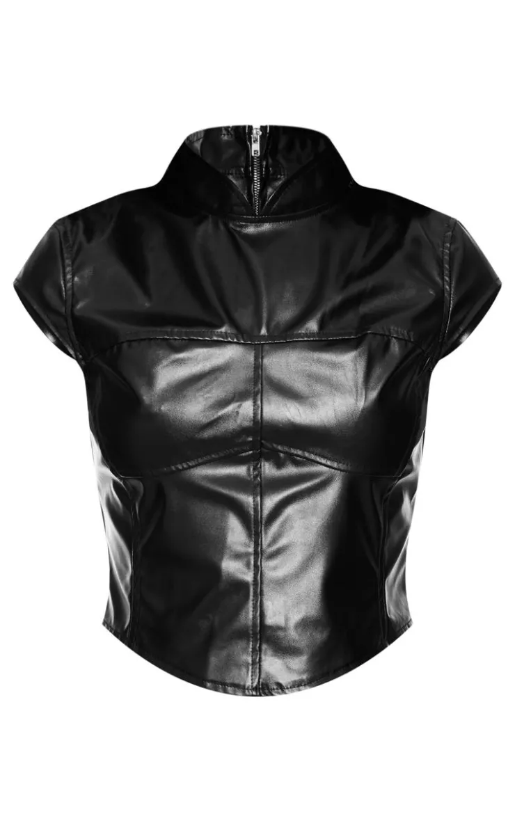 PrettyLittleThing Faux Leather High Neck Top Black