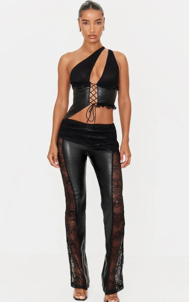 Hot PrettyLittleThing Faux Leather Lace Ruched Waist Flared Pants Black