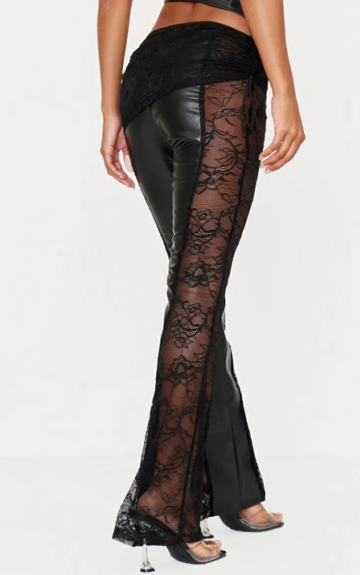 Hot PrettyLittleThing Faux Leather Lace Ruched Waist Flared Pants Black