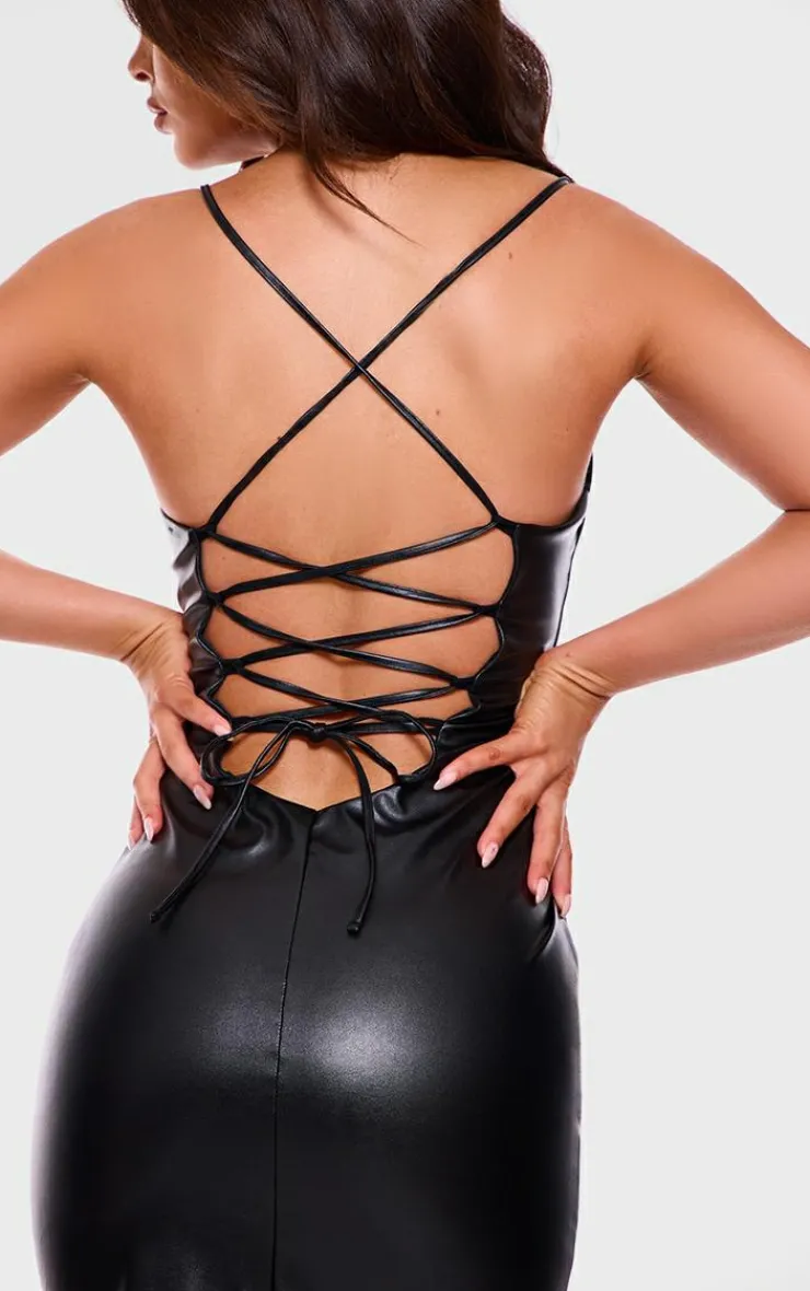 Faux Leather Lace Up Back Midi Dress-PrettyLittleThing Sale