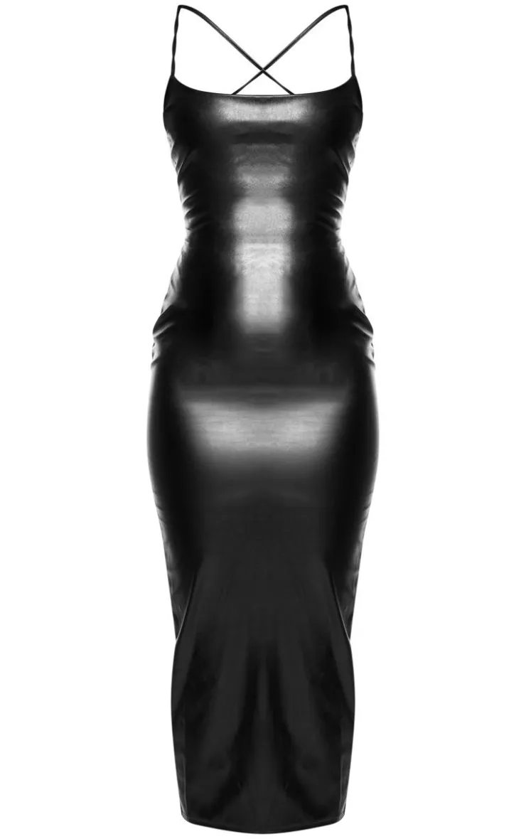 Faux Leather Lace Up Back Midi Dress-PrettyLittleThing Sale