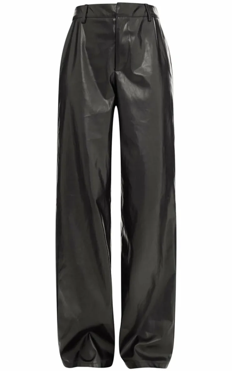 Outlet PrettyLittleThing Faux Leather Mid Rise Wide Leg Pants Black