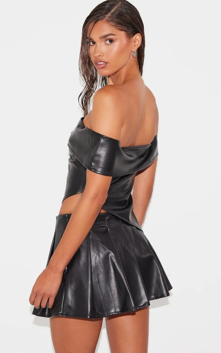 PrettyLittleThing Faux Leather Off The Shoulder Top Black
