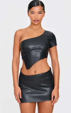Outlet PrettyLittleThing Faux Leather One Shoulder Asymmetric Crop Top Black
