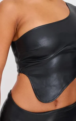 Outlet PrettyLittleThing Faux Leather One Shoulder Asymmetric Crop Top Black