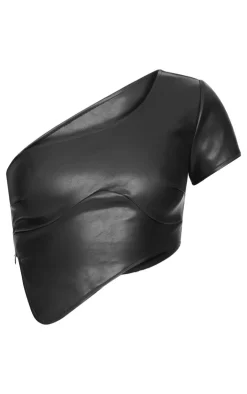 Outlet PrettyLittleThing Faux Leather One Shoulder Asymmetric Crop Top Black